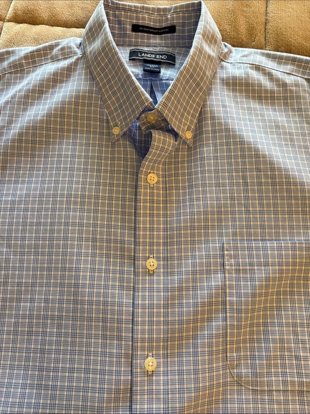 Lands' End Light Blue and White Plaid Button-Down Shirt